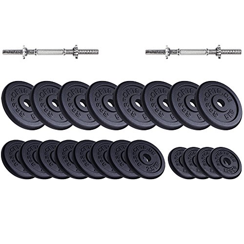 ScSPORTS Kurzhantelset 70 kg (8x 5kg / 8x 2,5kg / 4x 1,25kg), 2x Kurzhantel mit Sternverschlüssen, 20 Hantelscheiben Guss