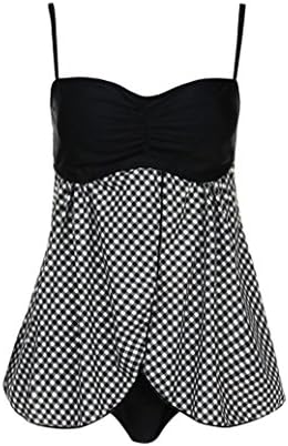 Hmeng Woman Sexy Thin Shoulder Straps Ruched Top 2pcs Bikini Set Plaid Flyaway Tankini Swimsuit Bathing Suit (Black, S)