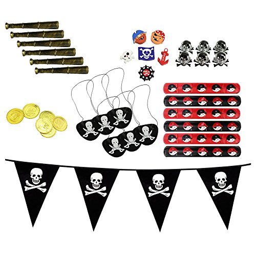 COM-FOUR® Piraten-Geburtstagsfeier-Set für bis zu 6 Kinder - Piratenhut, Augenklappe, Wimpelkette, Flagge, Teller, Becher, Servietten, Pflaster