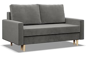 ‎MEBLIGO Mebligo - Sofa Mit Schlaffunktion und Bettkasten Blank, 2 Sitzer 152 cm Breit, Ausziehbares Couch auf Holzfüßen, Wohnzimmer Schlafcouch - Hellgrau