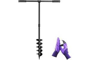 LONGRUN Garden Auger Drill, 4" Manual Fence Post Earth Auger Drill with Non-Slip Handle and Gloves, 10cm Soil Digger for Rapid Garden Planting Bulb, Seedling, Post Hole