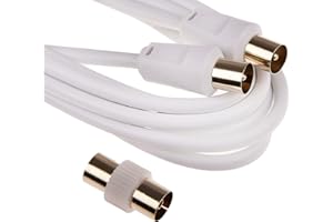 CONSOLETRONIC 1.8m TV Aerial Cable Coax Cable 24k Gold Plated Male to Male (M-M) FREE Female to Female (F-F) Coupler Included White Antenna Lead TV Fly Lead Satellite Lead