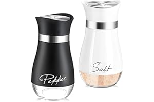 katmerio Set di 2 shaker per sale e pepe, 120 ml, per fondo in vetro, piccolo, con coperchio in acciaio inox, per casa, cucina, ristorante, tavolo da pranzo (nero, bianco)