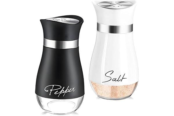 katmerio Set med 2 salts- och pepparkrukor med glasbotten på 120 ml med lock i rostfritt stål, köksaccessoarer för hemmet, köket, restaurangen, matbordet (svart, vitt)