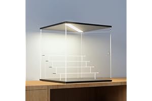 ACRLIE 5 Steps Acrylic Display Case with Black Base, Collectibles Display Shelf, Display Boxes for Collectibles Dustproof Protection Showcase (Black-Ceiling Light Version, 5 Steps-Transparent)