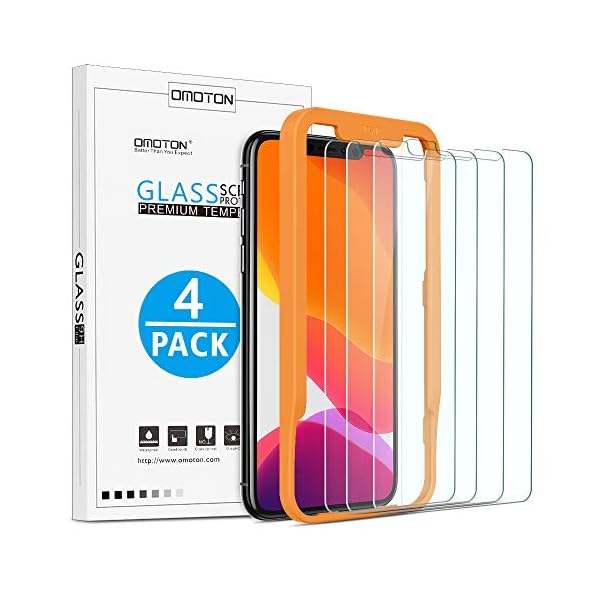 [4 Stück] OMOTON Schutzfolie für iphone 11 pro und iphone X und iphone XS Mit Positionierhilfe Panzerglasfolie für iphone 11 Pro/ XS/ X [9H Härte], [Anti-Kratzen], [Anti-Öl], [Anti-Bläschen].