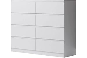FWStyle Matt White XL 8 Drawer Chest Modern Bedroom Furniture Large Chest of Drawers Wide 4 plus 4 Drawer Storage Unit Scratch Resistant Finish W110 x H99 x D40cm for Clothes Bedroom or Home Office