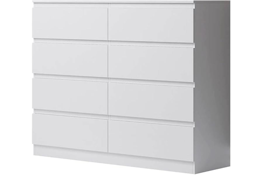 FWStyle Carlton Matt White XL 8 Drawer Chest of Drawers, Wide 4+4 Modern Bedroom Storage Unit with Handle-Free Design and Smooth Roller Glides, W110 x H99 x D40 cm