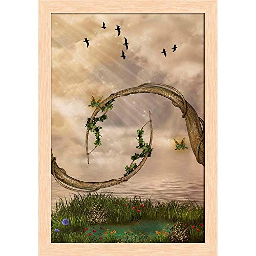 ArtzFolio Fantasy Landscape In The Lake With Pond & Birds Paper Poster Natural Brown Frame | Top Acrylic Glass 13 x 19 inch (33 x 48 cms)