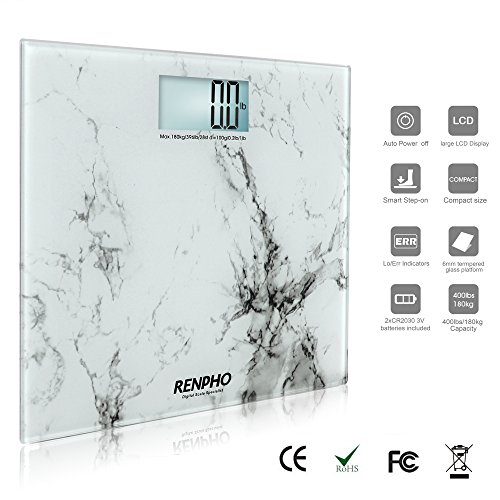 RENPHO® Personenwaage aus gehärtetem Sicherheitsglas (6mm), 30x30x3cm, 180kg/0,1kg , weißes Marmormuster, beleuchtetes LCD-Display, Inkl. Batterien - 3