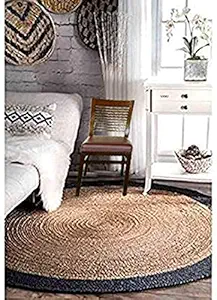 VANU handwowen Jute Rug for Living Room,Dining Room,Bed Room,and Floor Braided Reversible Carpet for Bedroom Office entryways (100 cm Round, Black boder)