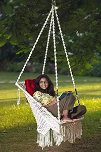 Patiofy Made in India Premium Square Shape Hammock-Hanging Cotton Chair Swing with Cushion and Accessories for Indoor and Outdoor/120 Kg Capacity/Swing Cushion/Chair Cushion for Kids and Adults(White)