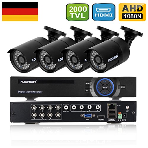 Preisvergleich Produktbild FLOUREON Videoüberwachung 8CH 1080N HDMI DVR Recoder + 4X 2000TVL 960P Überwachungskamera Outdoor Sicherheitskamera P2P IR-Cut Wasserdicht Bewegungsmelder