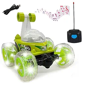 Remote Control Rechargable Acrobatic 360 Degree Twisting Stunt Car with Music & Lights and Charger for Kids (D-Green)