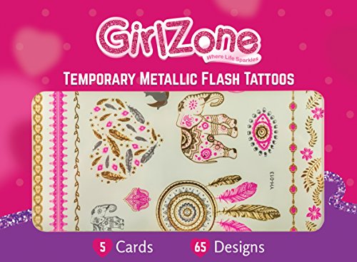 CADEAUX POUR LES FILLES TATTOOS DE FLASH TEMPORAIRE - 5 Card Pack - 65 Designs - Grand cadeau pour les filles et l'idée de fête favori - tatouages dorés, métalliques et colorés