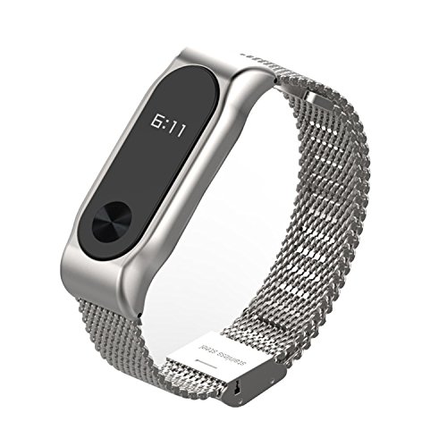 COOSA Moda de Acero Inoxidable cinturón Correa de la muñeca con Marco de Metal Wristband Pulsera Accesorios para Xiaomi Mi Banda 2 Smart Watch (no Tracker) (2 Plata, Metal)