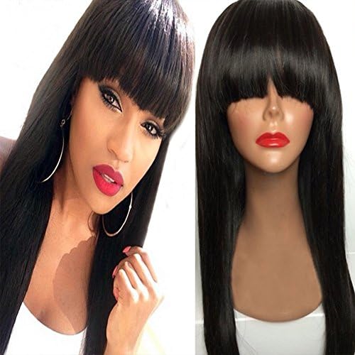 Fantasy Beauty Peruvian Virgin Hair Full Fringe Wig Human Hair Glueless Full Lace Wig With Bangs Bleached Knots Wig For Black Women (16 Inch 150 density Full lace wig)