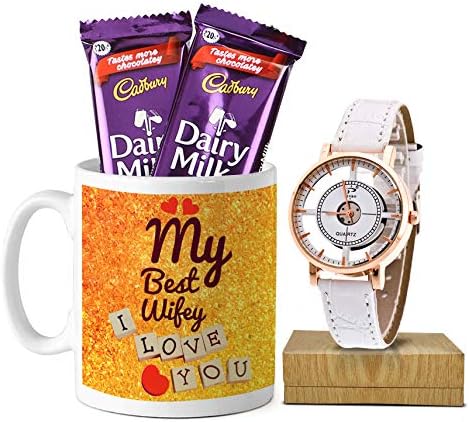 TIED RIBBONS Unique Valentine Day Gift for Lover Wife Wifey Her Women Combo of Printed Coffee Mug, Chocolates and Wrist Analog Watch