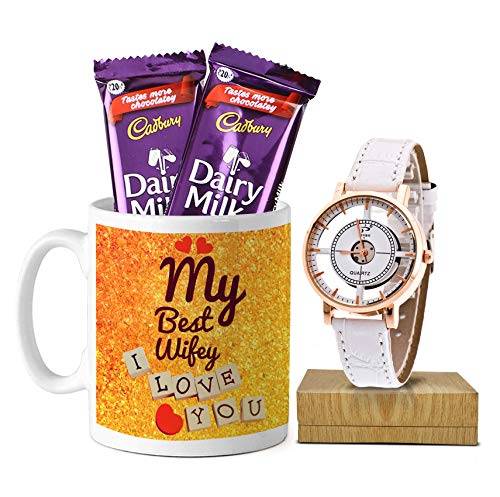 TIED RIBBONS Unique Valentine Day Gift for Lover Wife Wifey Her Women Combo of Printed Coffee Mug, Chocolates and Wrist Analog Watch