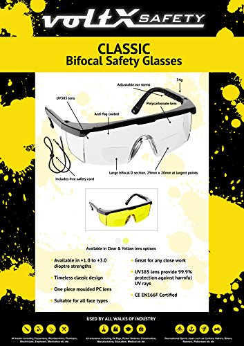 voltX ‚Classic‘ farblose Bifokalschutzbrille (+1,5 Dioptrie) mit Sicherheitskordel CE EN166F zertifiziert - 2