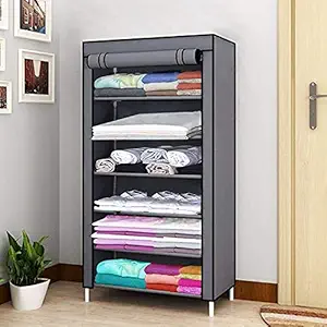 Oumffy Multipurpose 6 Shelve Fancy and Portable Foldable Collapsible Closet Baby Wardrobe, Foldable, PVC Plastic Collapsible Fabric Wardrobe Organizer for Clothes (6-Shelve, Grey)