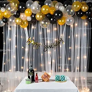 Special You Birthday decorations for boys , Black and Gold Balloon Decoration DIY Combo Kit with white net Curtain cloth and Fairy Lights - 70 pc ,Balloons, LED, Garland Arch Tape, backdrop , theme