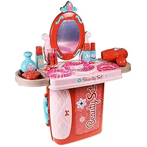 WISHKEY 3 in 1 Carry Along Plastic Beauty Set Makeup Case Toy with Pretend Play Cosmetics & Accessories in Portable Vanity Briefcase for Girls Kids 3 Years & Above (Multicolor)