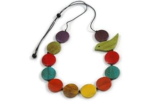 Avalaya Long Multicoloured Wooden Coin Bead and Bird Black Cotton Cord Necklace/ 96cm Max Length/Adjustable