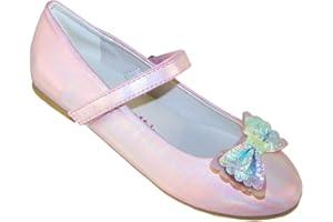 SPARKLE CLUB Girls Pale Pink Iridescent Sparkly Party Ballerina Shoes with a 2 Part Bow Trim