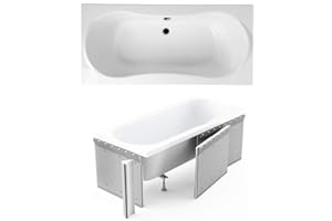 ECOLAM Badewanne Wanne Rechteck Long Polimat Acryl weiß 170x80 cm Mittelablauf + Styroporverkleidung zum Verfliesen + Ablaufgarnitur Ab- und Überlauf Automatik Füße Silikon Komplett-Set