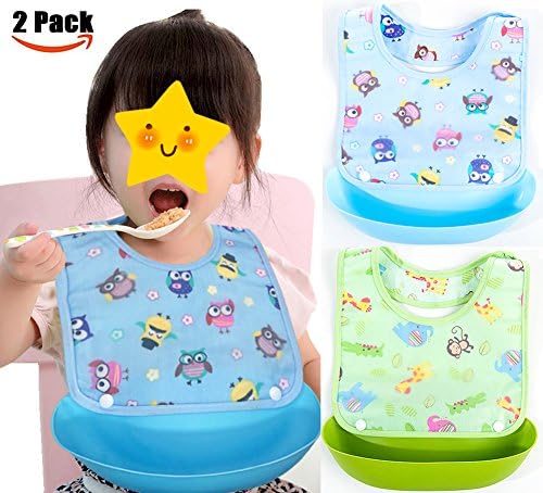 Suntapower Waterproof Unisex Cute Baby Bib with Detachable Wide Food Crumb Catcher Pocket(BabyBibs)