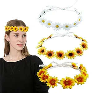 3Pcs Sunflower Headband Crown Headpiece Daisy Headband for Women Girl Adjustable Hair Wreath Garland Accessories Bridal Wedding Parties Festivals Photo Props BHH14-3