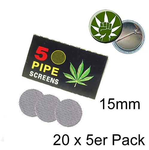 100 Stahlsiebe D 15mm (20 x 5er Heftchen) inkl. Fight-4-Legal-Button Einlegesiebe auch für actitube Pfeifen Siebe Edelstahl