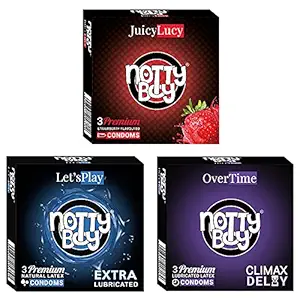 NOTTY BOY Climax Delay Over time, Juicy Strawberry Fruit Flavoured And Extra Lubricated Smooth Condoms pack (3sx3, 9 sheets)