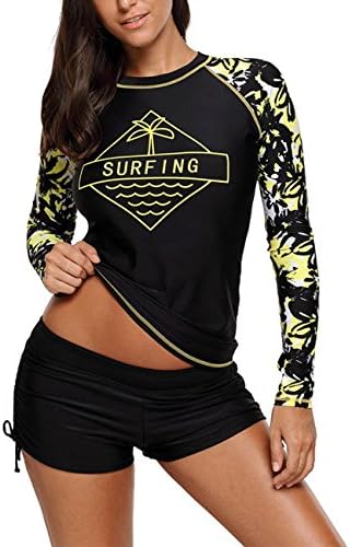 JUEBLON Women's Long Sleeve Surfing Swimsuit Two Piece Rash Guard Print Swimwear
