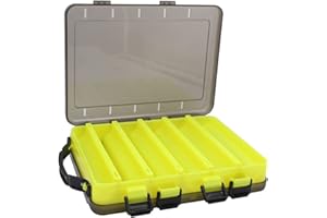 TOPIND Double Sided Fishing Lures Box Transparent Visible Plastic Bait Hooks Boxes Terminal Tackle Bits Clear Storage Organizer Case 14 Compartments Drain Hole Accessories, Yellow(1pcs)