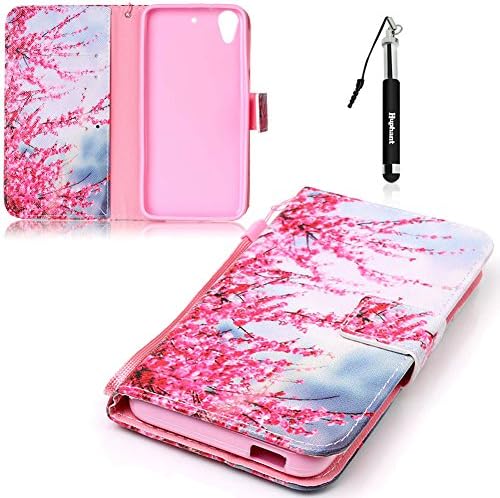 HTC Desire 626 Cassette Printing Lanyard Flip Case,Huphant Premium Soft PU Leather Notebook Wallet Cover Case with [Kickstand] Credit Card ID Slot Holder Magnetic Closure Plum Tree Branches Pattern Design Boot Flip Leather Holster for HTC Desire 626 + Black Retractable Dust Plug Stylus Pen