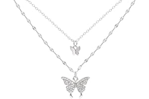 KFRS 925 Sterling Silver Butterfly Necklace for Women Double Layer Clavicle Chain Shiny CZ Necklace Dainty Gifts Party Jewelry Gift