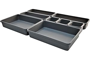 LEXETER Interlocking Drawer Organiser Set of 8 with 50Pcs Rubber Pads, Plastic Storage Trays Dividers for Kitchen Office Bathroom Cutlery Desk Clothing Make-Up Jewellery Stationery, Gray