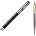 Parker Vector Mettalix Fountain Pen (Black) with Quink(Blue) Ink Bottle Jotter Stainless Steel GT Ball Pen