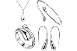TOFBS Ensemble de Bijoux pour Femme et Fille Argent Or Goutte d'eau Pendentif Collier Boucles d'oreilles Bracelet et Bague Ensemble