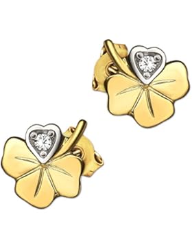 CLEVER SCHMUCK Goldene Ohrstecker kleines Kleeblatt 6 x 5 mm glänzend bicolor mit weißem Zirkonia 333 GOLD 8 KARAT...