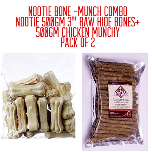 Nootie Bone and Munchy Chew Sticks Combo (3-inch Raw Hide Bones, 500 g and Chicken Munchy Chew Sticks, 500 g)
