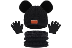 HIULLEN 3 in 1 Conjunto de Gorro Bufanda y Guantes Niños, Térmico Niñas Beanie Gorro Bufanda Guantes Set, Set Beanie Gorro Invierno Niños Sombrero de Punto con Pompon para Niños Niñas 1-5 Años
