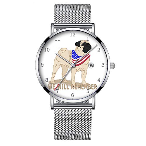 Reloj de Pulsera Minimalista de Cuarzo, Ultra Delgado, Resistente al Agua, con Fecha con Correa de Malla 060.Pug We Will Record.