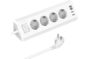 SUDEERY Multiprise Electrique, Multiprise Parasurtenseurs 4 Prises avec 2 Ports USB A+2 Ports USB C, Prise d'angle avec Interrupteur et Câble 2M, Blanc