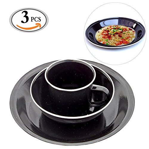 Travelmall 3 PCS Black Enamel Camping Picknick Ess-Set Platte Tasse Schüssel Emaille Cereal Bowls Reise und Camping Besteck Set für 1 Person (3pcs-Schwarz)