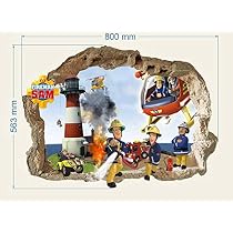 Sticker Mural 3D Sam Le Pompier - 57x80 Cm, Effet Fenêtre, Chambre Enfant