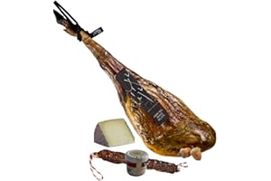 Jamón Ibérico de Bellota 100% Ibérico, Pata Negra, Aprox. 7,5 kg, con Chorizo o Salchichón de Bellota y Cuña de Queso de Oveja y miel natural de encina de regalo, Marca Guiju.Certificado brida negra.