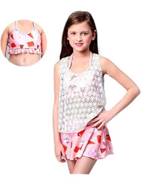12–14year old Girl 3pz Sunscreen confortevole staccabile bikini nuoto tuta con design alla moda carino applicazione...